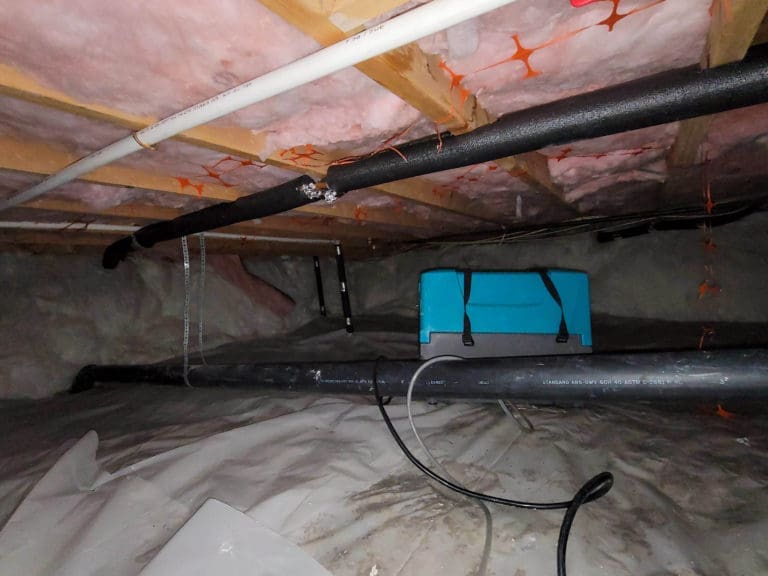 A basement crawl space with blue box containing insulation and pipes, in need of moisture remediation.