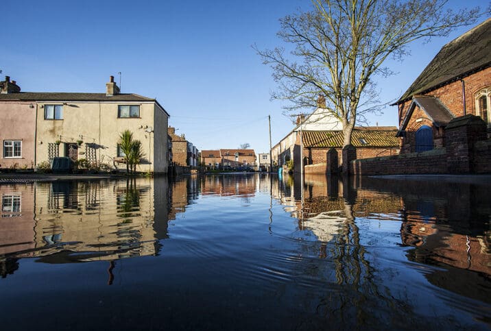 A small Yorkshire village in the UK flooded. The image shows how the flood water engulfed the community.
