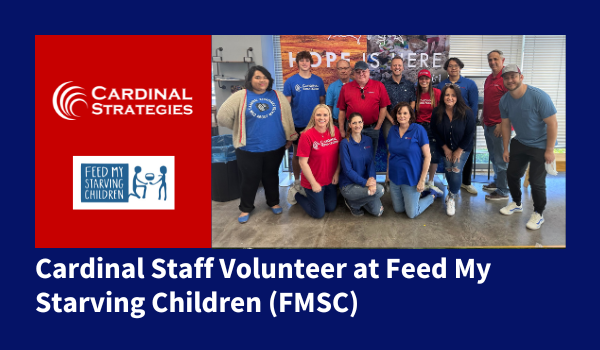 Cardinal Staff Volunteer pic in blog graphic with Feed My Starving Children logo
