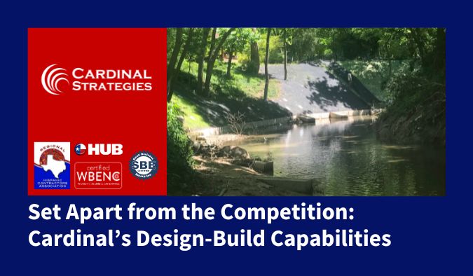 Design-Build Capabilities of Cardinal Strategies - Blog Featured Image for Set Apart from Competition title, red rectangle with logos and image of creek